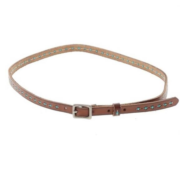 Brown leather belt with silver metal and turquoise detail